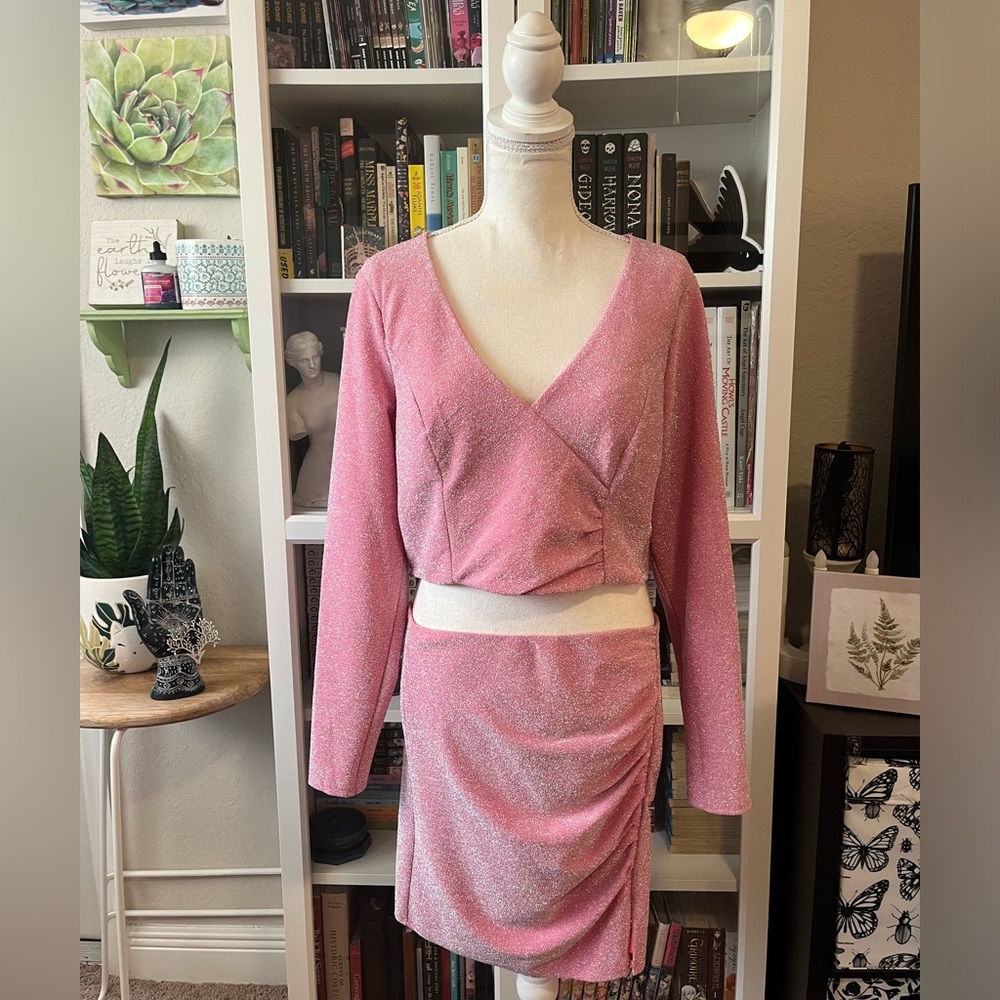 Crystal Doll Sparkly Pink 2-Piece Dress Set Mini Skirt & Long Sleeve Crop Top XL - Picture 15 of 16